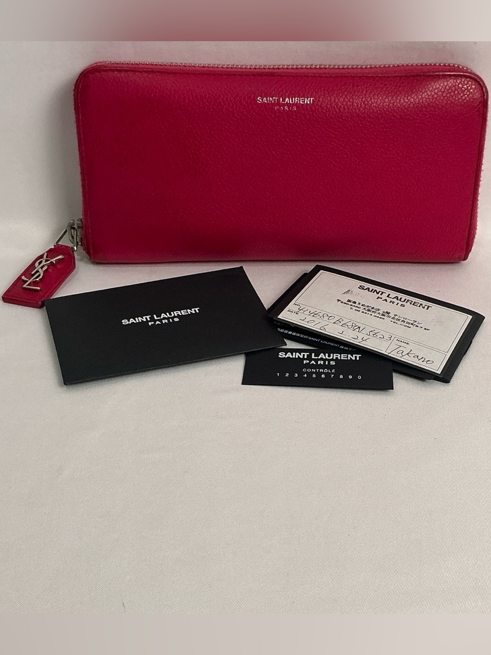 Saint Laurent Paris YSL Pink Grain Leather Zip Around Long Wallet w/ Auth Cards